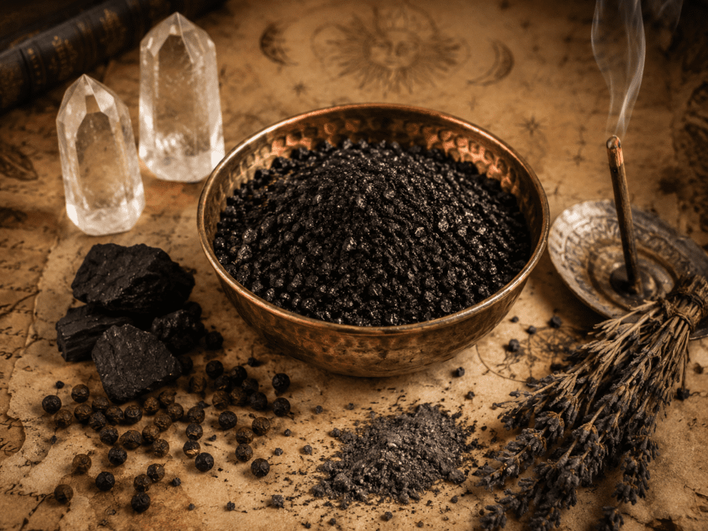 Witches Black Salt in a copper bowl with crystals and candle