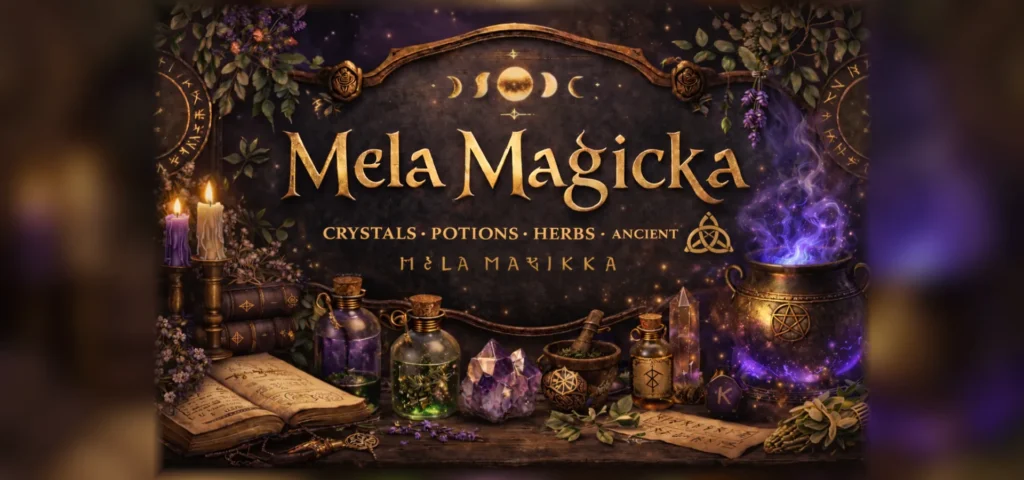 Mela Magicka mystical grimoire banner with candles, crystals, herbs, potions, moon phases, and spiritual witchcraft tools