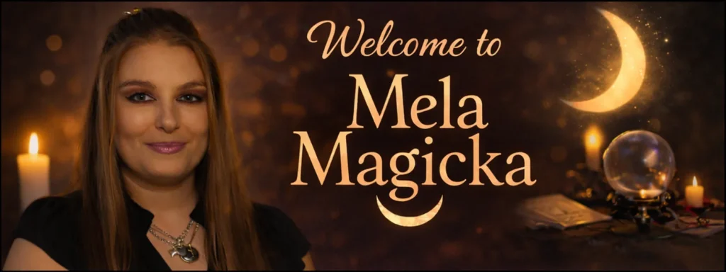 Mela Magicka welcome banner with candlelight, crescent moon, crystal ball, and spiritual tarot reading atmosphere