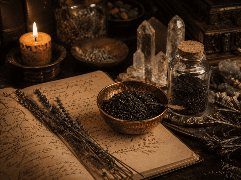 Witches Black Salt used in personal spiritual practice with journal and altar tools